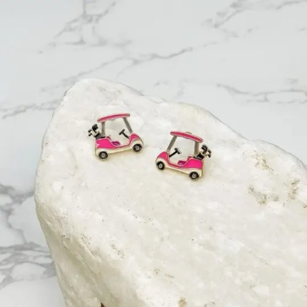 Pierced enamel golf earrings. Pink golf cart 💗